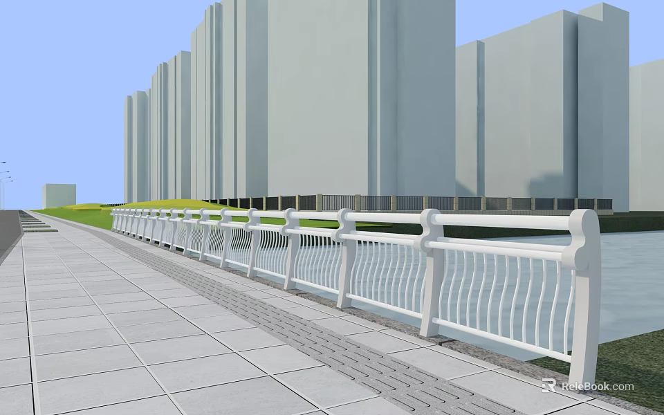 White Modern Railings Along Urban Sidewalk With High Rise Buildings And Green Lawn 3d model 