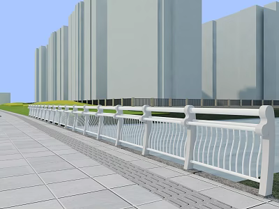 White Modern Railings Along Urban Sidewalk With High Rise Buildings And Green Lawn 3d model