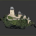 Cartoon Scenic Castle on Lush Green Hill with Multiple Towers and Trees