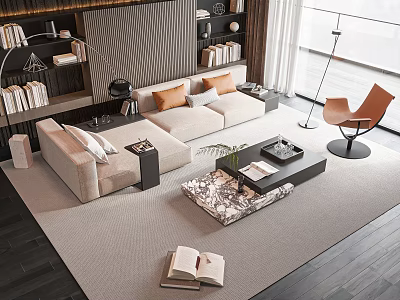 Modern Beige Sectional Sofa And Black Coffee Table Set With Marble Top Bookshelf Floor Lamp Plant And Area Rug 3d model