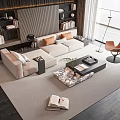 Modern Beige Sectional Sofa And Black Coffee Table Set With Marble Top Bookshelf Floor Lamp Plant And Area Rug