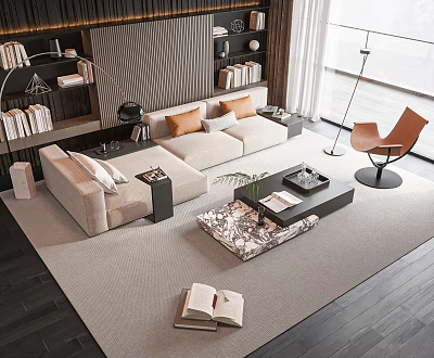 Modern Beige Sectional Sofa And Black Coffee Table Set With Marble Top Bookshelf Floor Lamp Plant And Area Rug 3d model
