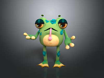 Cute Green Frog Character Featuring Large Eyes Sticking Out Tongue Blue Spots And Yellow Toes 3d model