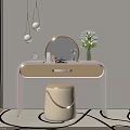 Modern Beige Dressing Table With Round Mirror Flower Vase Cosmetic Bottles And Stool