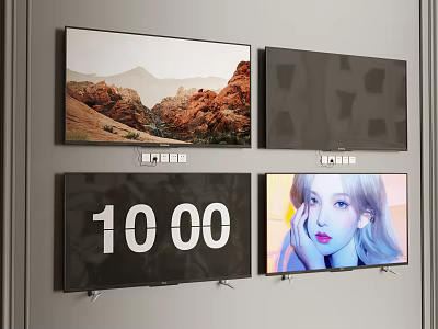 Various TVs Displaying Scenic Mountain Landscape Time 10 00 Portrait And Abstract Patterns 3d model