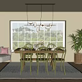 Bright Modern Restaurant Interior With Wooden Dining Table Green Chairs Pendant Lights And Large Window
