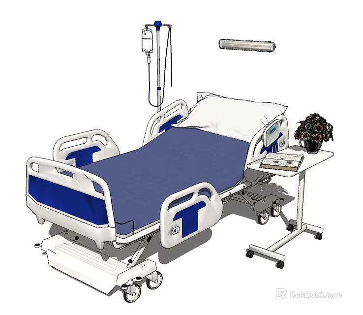 Modern Medical Bed with IV Stand Overbed Table and Wheels for Hospital Use 3d model 