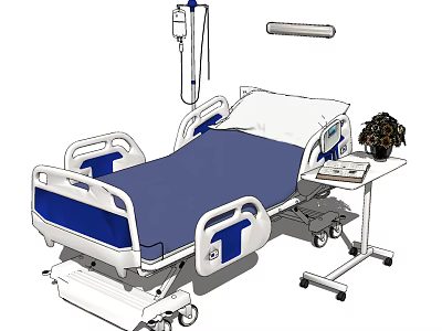 Modern Medical Bed with IV Stand Overbed Table and Wheels for Hospital Use 3d model