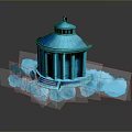 3D Blue Domed Building Model With Columns Steps Blue Cloud Like Objects On Dark Background
