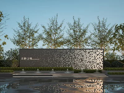 Black Feature Wall With White Dot Pattern Water Pool Fountains And Background Trees 3d model