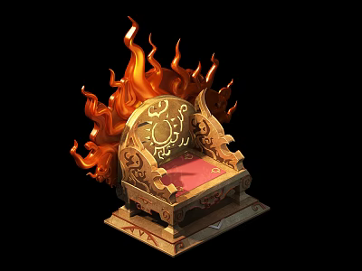 Ornate Armchair Featuring Flames Golden Carvings And Red Cushion Details 3d model