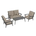 Outdoor Sofa Set With Beige Cushions Black Metal Frame And Coffee Table
