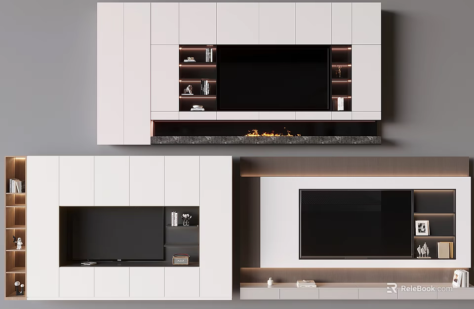 Modern TV Wall Design With White Cabinets Built In Television And Storage Shelves 3d model 