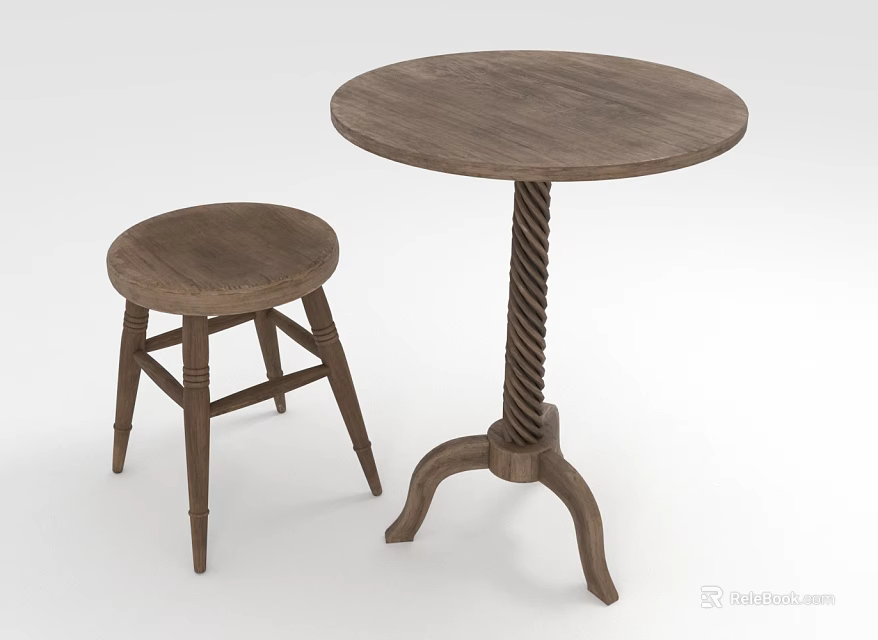 Wooden Round Table And Stool With Twisted Leg Design And Simple Style For Home Living 3d model 