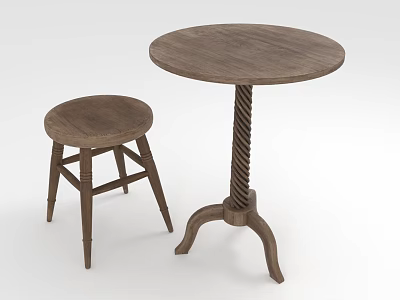 Wooden Round Table And Stool With Twisted Leg Design And Simple Style For Home Living 3d model