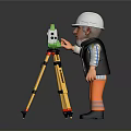 Construction Worker Figurine Using Green Surveying Instrument On Yellow Tripod With White Hard Hat
