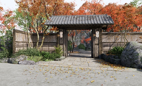 Japanese Gate Courtyard Landscape Courtyard Door 3d model