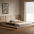 Modern Double Bed With Wooden Headboard Platform Design And Decorative Painting