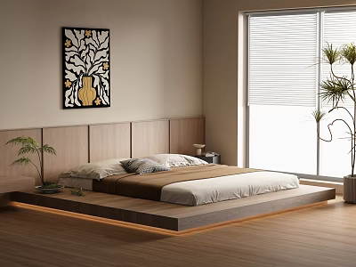 Modern Double Bed With Wooden Headboard Platform Design And Decorative Painting 3d model