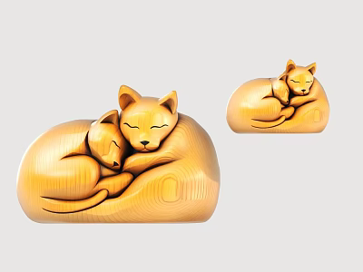 Decorative Wooden Cat Figurine Set with Curled Up Mother and Kitten Design for Home Decoration 3d model