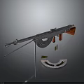 3D Rendered Silver Machine Gun With Red Components Stand Magazine And Bullets