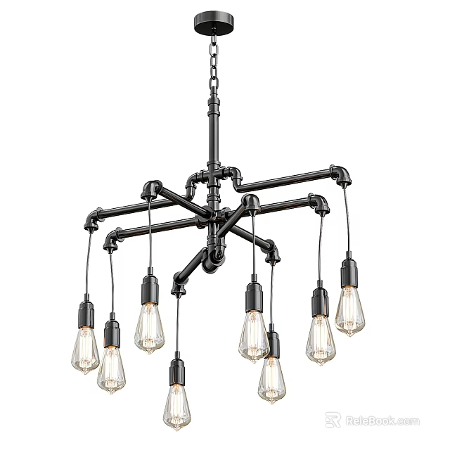 Industrial Style Black Metal Chandelier with Cross Pipes Frame and Multiple Glass Bulbs 3d model 