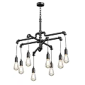 Industrial Style Black Metal Chandelier with Cross Pipes Frame and Multiple Glass Bulbs