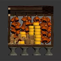 Wooden House Market Stall With Red Tile Roof Orange Fruits Yellow Stacks And Small Items