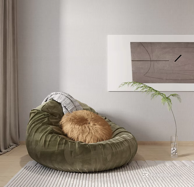 Olive Green Velvet Bean Bag Chair With Furry Pillow And Potted Plant In Minimalist Interior 3d model 