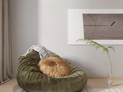 Olive Green Velvet Bean Bag Chair With Furry Pillow And Potted Plant In Minimalist Interior 3d model