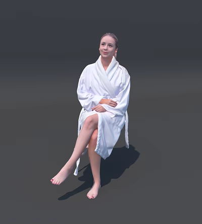 Relaxed woman sitting in white bathrobe with crossed arms and bare feet 3d model