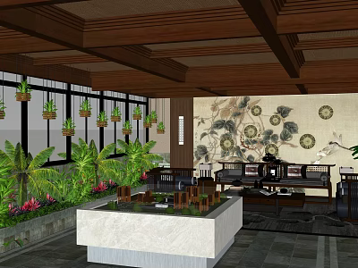 Indoor Garden Landscape With Wooden Ceiling Hanging Planters Lush Greenery Floral Mural And Seating Area 3d model