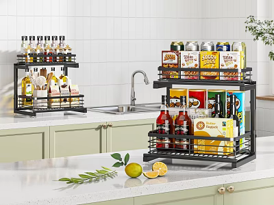 Spice Bottles Organized On Two Tier Kitchen Shelf With Canned Goods And Beverages 3d model