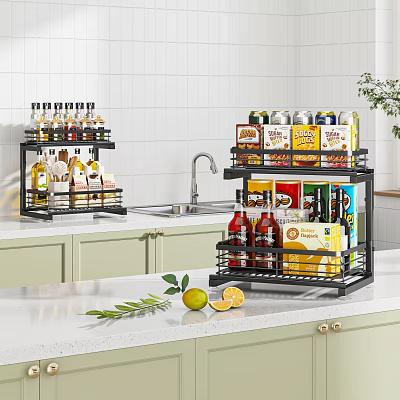 Spice Bottles Organized On Two Tier Kitchen Shelf With Canned Goods And Beverages 3d model