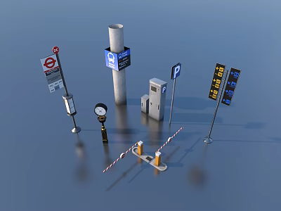 Road Facilities Including Traffic Signs Parking Meters Directional Signs Bollards And Clock 3d model