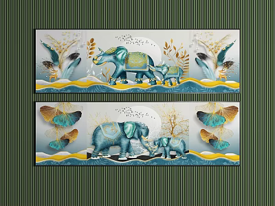 Decorative Wall Art Featuring Mother And Baby Elephants Butterflies Leaves And Wave Patterns 3d model