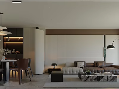 Modern Living And Dining Room Interior Design With Leather Sofa Dining Table And Pendant Lights 3d model