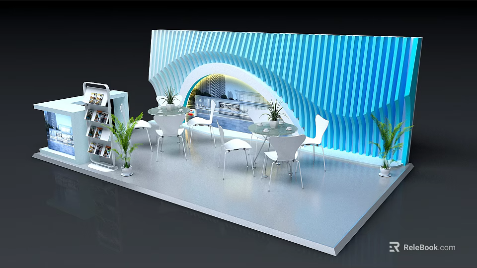 Modern Exhibition Booth With Blue Wavy Backdrop White Tables Chairs Display Shelves And Plants 3d model 