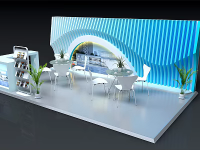 Modern Exhibition Booth With Blue Wavy Backdrop White Tables Chairs Display Shelves And Plants 3d model
