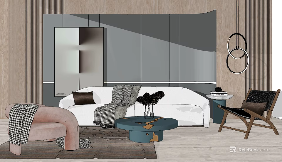 Modern Sofa and Coffee Table Set With White Couch Grey Blanket Blue Table and Circular Decor 3d model