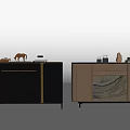 Modern Console And Side Cabinets With Dark Striped Doors Light Marble Panels And Decor Items