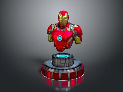 Detailed Iron Man Red And Gold Bust With Blue Glowing Ring Base And Gear Design 3d model