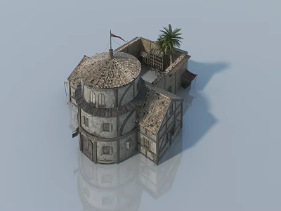 Ancient Building Architectural Design Featuring Multiple Swing Doors Dome And Palm Tree 3d model