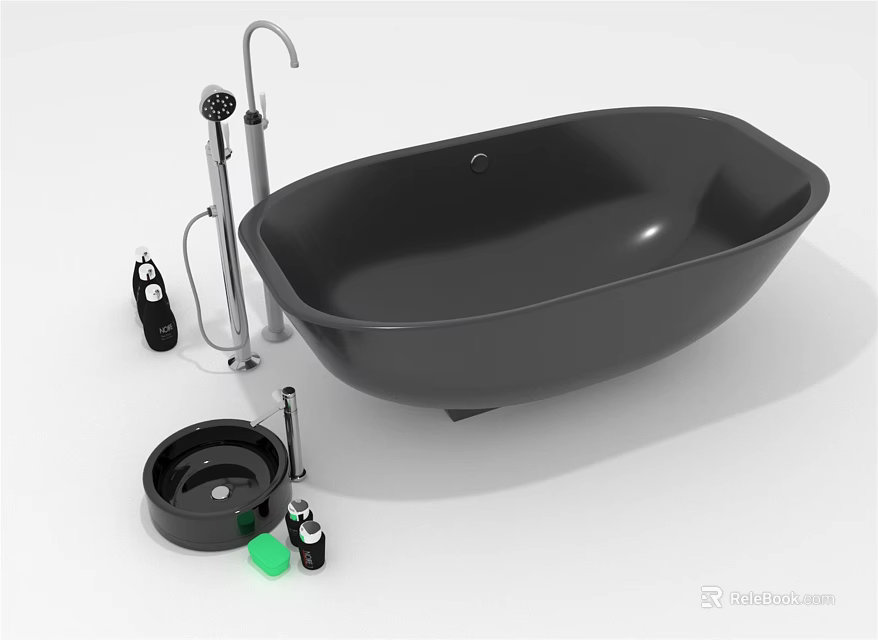 Black Modern Bathtub With Faucet Shower Head And Bath Accessories 3d model 