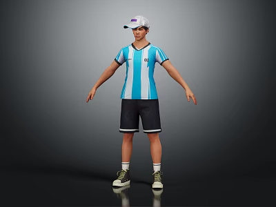 Realistic 3D Character Wearing Blue White Striped Jersey With Black Shorts And White Cap 3d model