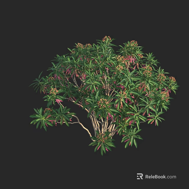 Lush Bush With Green Leaves Pink Flowers And White Branches 3d model 