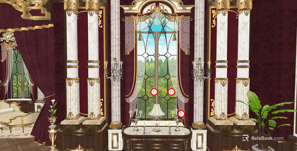 Ornate Luxurious Interior With Marble Columns Large Window Chandeliers And Curtains 3d model 