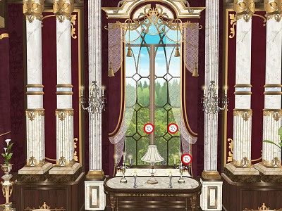 Ornate Luxurious Interior With Marble Columns Large Window Chandeliers And Curtains 3d model