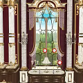 Ornate Luxurious Interior With Marble Columns Large Window Chandeliers And Curtains