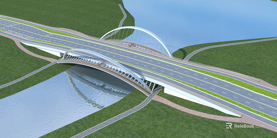 Modern Arched Bridge Water Crossing With Road Lanes And Green Grass Landscape 3d model 